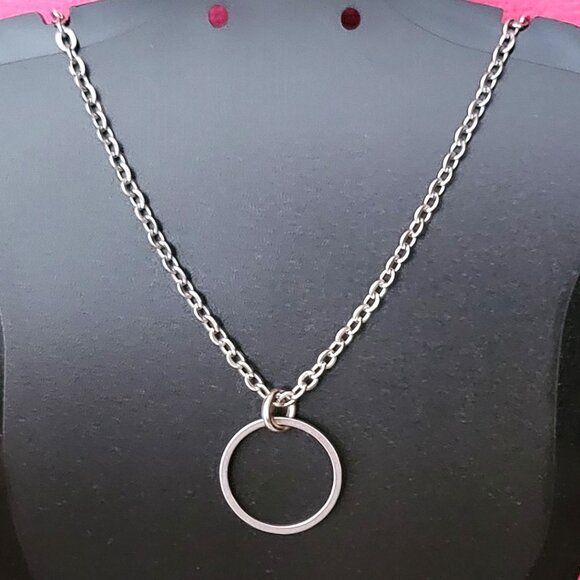 CIRCLE Stainless Steel Charm Chain Necklace 18" Minimalist 14mm round - Picture 6 of 16